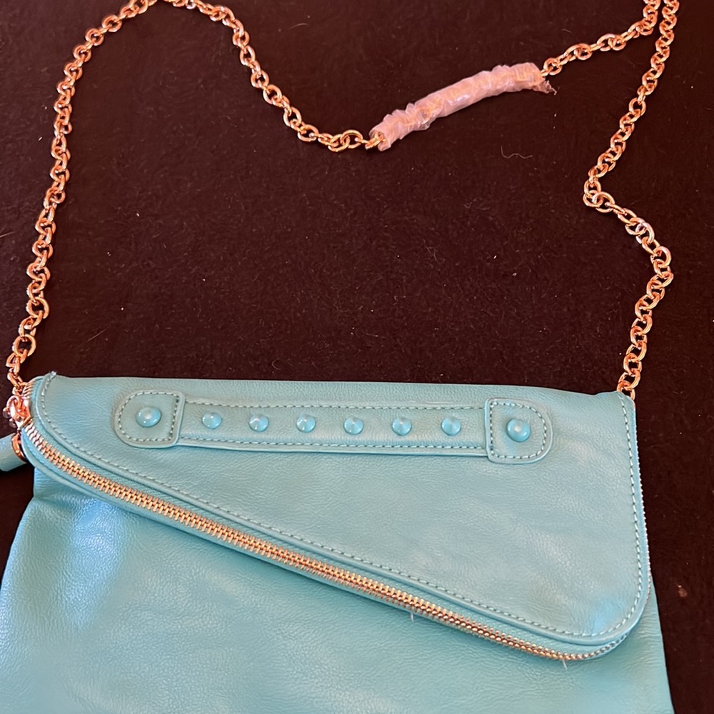Faux Leather Aldo Turquoise Fold Over Tassel Crossbody Purse with Chain Strap